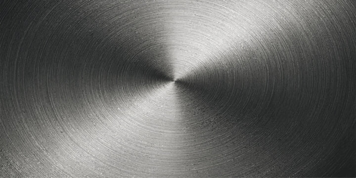 Shiny circular brushed metal plate texture with a grey metallic stainless steel surface pattern and industrial silver chrome finish reminiscent of a vinyl record background
