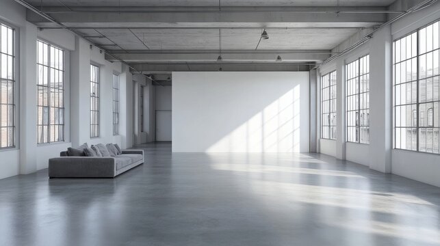 Gray industrial style couch, empty white wall, loft flooring