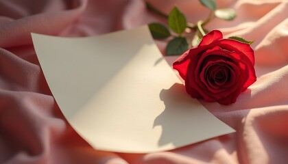 Red rose and blank paper on soft pink fabric background  