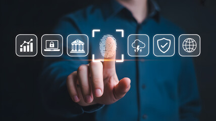 Digital illustration displaying a hand interacting with a fingerprint on a touch screen, and associated graphic icons relating to the internet, finance, and security