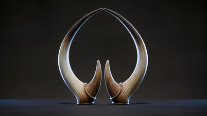 An elegant studio photograph of two symmetrically positioned antlers forming the silhouette of a heart. The sculptural composition is executed in a minimalist style, emphasizing smooth lines and natur