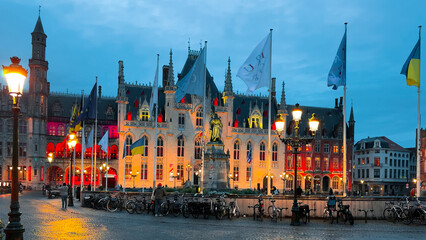 Fototapeta premium Medieval architecture on the autumn streets of historic center of Bruges, Belgium, October 20, 2025.