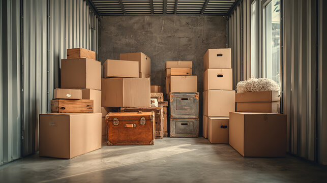 A storage unit packed with various sized cardboard boxes, representing moving, storage, or logistics.