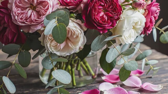 Romantic Close up of Wild Garden Roses and Eucalyptus in a Glass Vase