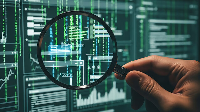 Hand Holding Magnifying Glass Over Digital Data Analysis Screen
