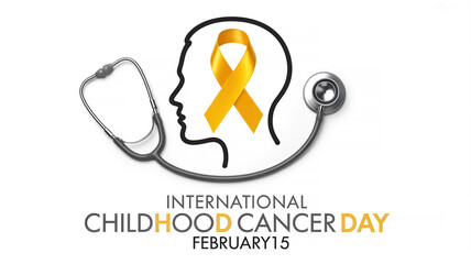 International childhood cancer day graphic featuring yellow ribbon and stethoscope