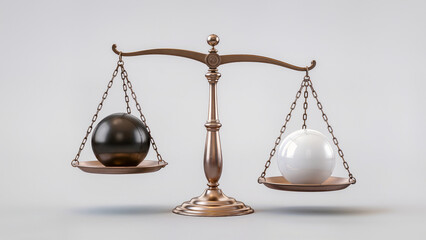 A high-quality, minimalist stock photo depicting antique apothecary or legal scales. On the left side of the scale is a perfectly smooth black sphere, while on the right side is a white sphere, both s