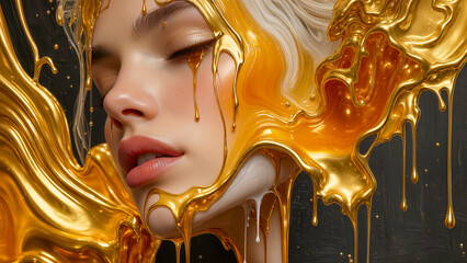 A highly artistic and conceptual image in a surrealist style. The face of a young woman with closed eyes and soft lips is partially obscured by thick streams of molten gold and white paint. The liquid