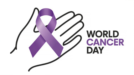 World cancer day concept featuring purple awareness ribbon held by a caring hand silhouette.