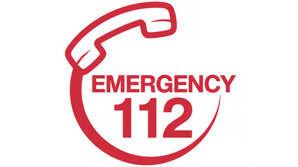 Red graphic illustrating the universal emergency number 112 with a telephone symbol