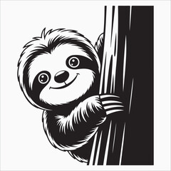 Obraz premium Playful sloth peeking around tree silhouette vector illustration