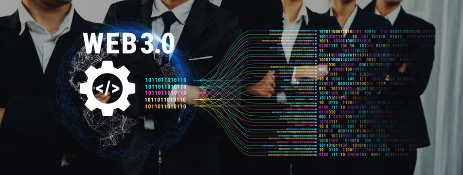 A group of business professionals in suits stand confidently, symbolizing the digital transformation with Web 3.0 technology, data, and innovative coding elements. Trope - Powered by Adobe