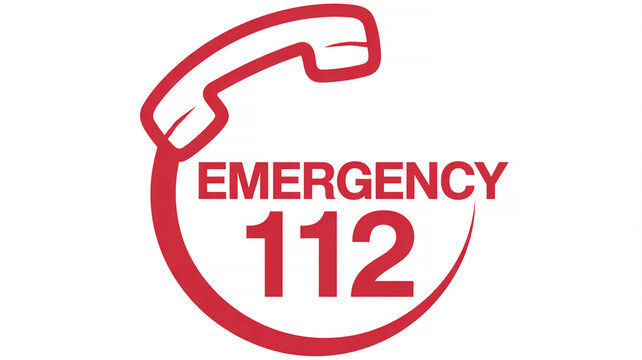 Red graphic illustrating the universal emergency number 112 with a telephone symbol
