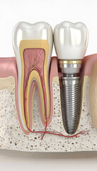 Anatomy of healthy teeth and tooth dental implant in human dentu