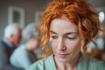 Naklejka premium Thoughtful Woman with Red Hair in a Serious, Contemplative Mood