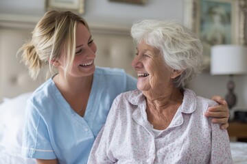 Young Caregiver Sharing a Happy Moment with a Senior Woman in Bed