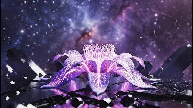Glowing violet lotus blossom blooming on a fractured ground against a vibrant celestial background for spiritual awakening concept and futuristic harmony
