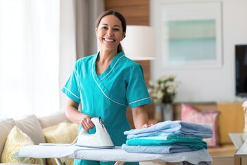 Smiling Female Caregiver Ironing Clothes in a Bright Living Room