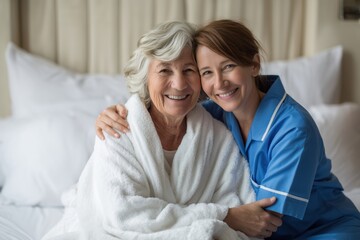 Obraz premium Smiling Caregiver Embracing a Happy Senior Woman in Her Bedroom