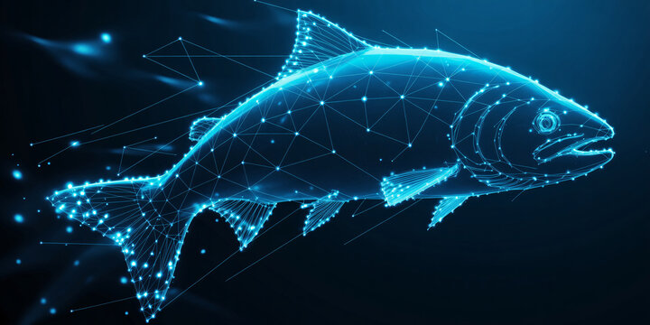 Glowing blue fish with futuristic network connections swimming in dark water