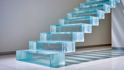 A futuristic interior photo showcasing a cantilevered staircase with steps made of thick, monolithic blocks of light blue glass. The transparent steps appear to float in the air against a minimalist g