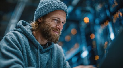 Data center administrator uses laptop in server room for cyber security analysis and network protection of the AI computing facility during regular maintenance check