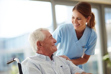 Obraz premium Friendly caregiver smiling at a senior man in a wheelchair