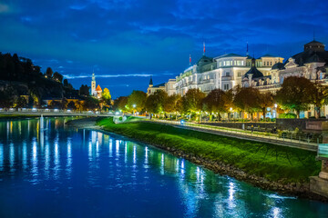 City of Salzburg with Salzach River and M&uuml;llner Church, Austria