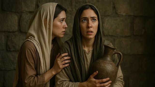 Two scared women in biblical clothing react with fear and shock. A historical reenactment of a dramatic religious scene. Witnessing a miracle or the resurrection