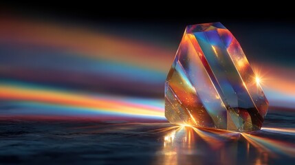 Glowing crystal prism reflects rainbow light spectrum on transparent surface with shiny highlights and flare against colorful background