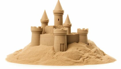 Pile of sand with beautiful castle isolated on white