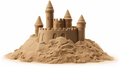 Pile of sand with beautiful castle isolated on white