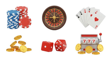Set of 3D icons featuring casino elements such as poker chips roulette wheel playing cards dice slot machine and gold coins isolated on transparent background