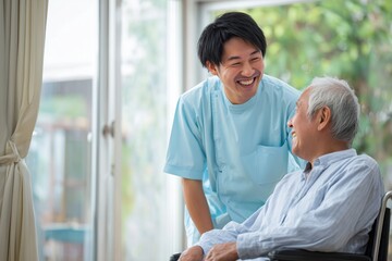 Obraz premium Friendly Japanese Caregiver Laughing with an Elderly Man in a Wheelchair