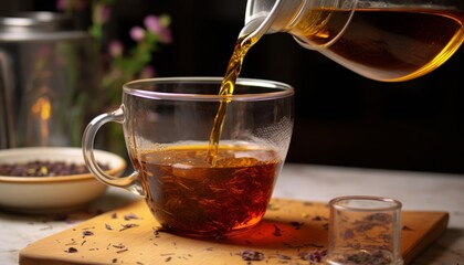 Pouring freshly brewed black loose leaf tea in glass cup. Lifestyle drinking tea