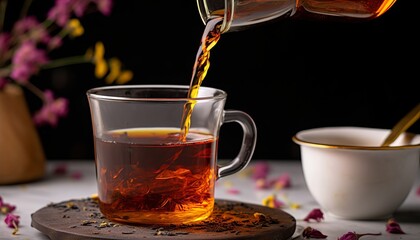 Pouring freshly brewed black loose leaf tea in glass cup. Lifestyle drinking tea