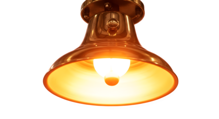 Vintage copper ceiling light fixture with glowing edison bulb isolated on transparent background