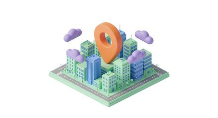 A 3d isometric cityscape with a large orange location pin