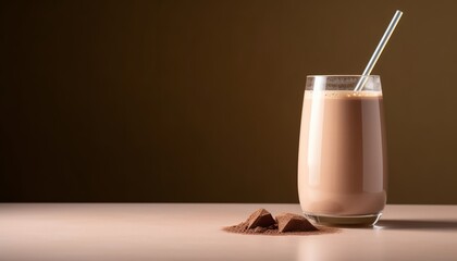 Protein powder and chocolate drink in a glass with straw, copy space. 