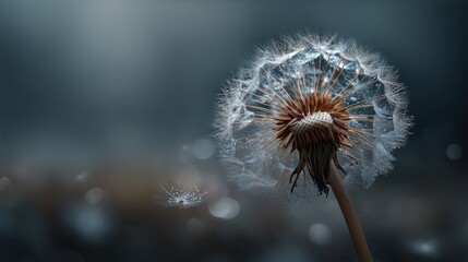 A dandelion puff stands tall as it releases its tiny seeds into the air. The background shows a soft blurry landscape under cloudy weather. The scene captures the natural cycle of life.