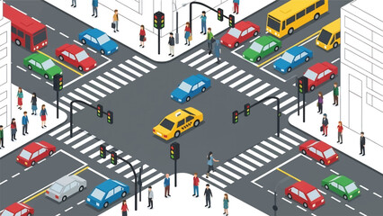 Isometric vector 3D view of a busy urban traffic intersection with cars, buses, traffic lights, crosswalks, and pedestrians illustrating modern city transportation flow