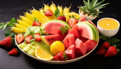 Summer fruits assortment platter antipasti, watermelon, pineapple, melon and strawberries.