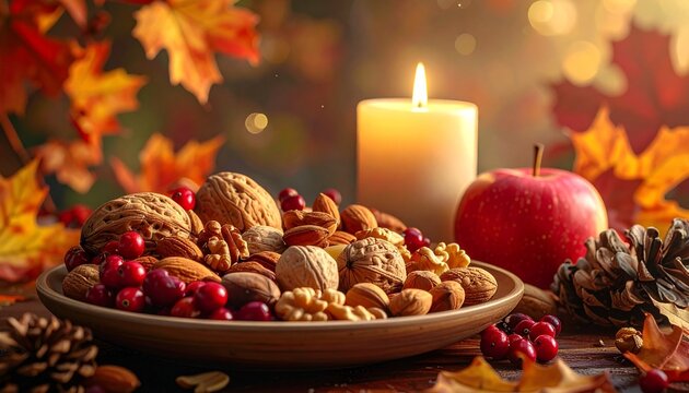 Festive autumn arrangement with apples, nuts, cranberries, candlelight, fall leaves, and blurred pumpkin