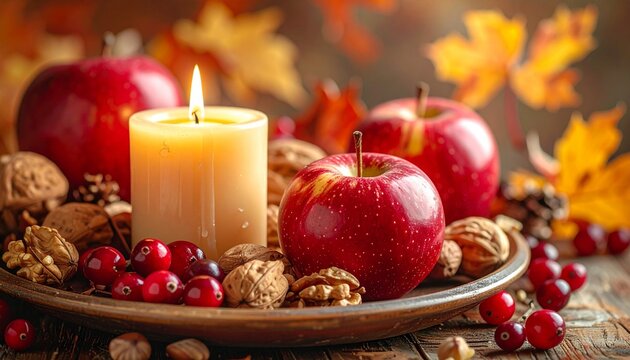 Festive autumn arrangement with apples, nuts, cranberries, candlelight, fall leaves, and blurred pumpkin