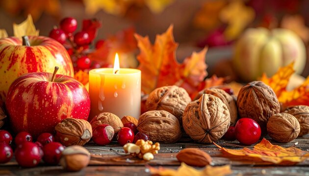 Festive autumn arrangement with apples, nuts, cranberries, candlelight, fall leaves, and blurred pumpkin