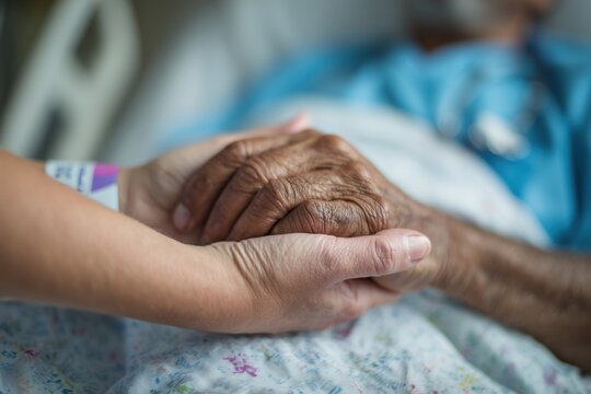 Caregiver Holding the Hand of an Elderly Patient in a Hospital Bed
