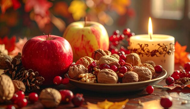 Festive autumn arrangement with apples, nuts, cranberries, candlelight, fall leaves, and blurred pumpkin