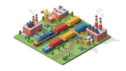 Isometric vector 3D view of railway freight transport with cargo trains moving containers through industrial landscapes, highlighting efficient rail logistics systems