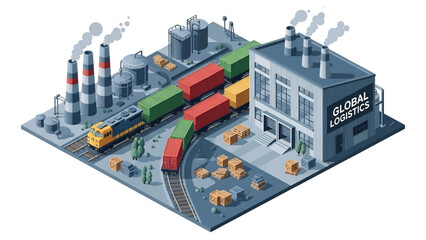 Isometric vector 3D view of railway freight transport with cargo trains moving containers through industrial landscapes, highlighting efficient rail logistics systems