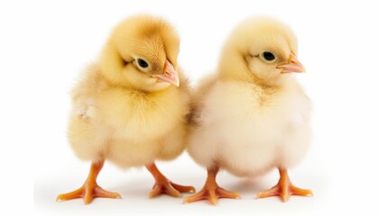 Two cute fluffy baby chickens on white background